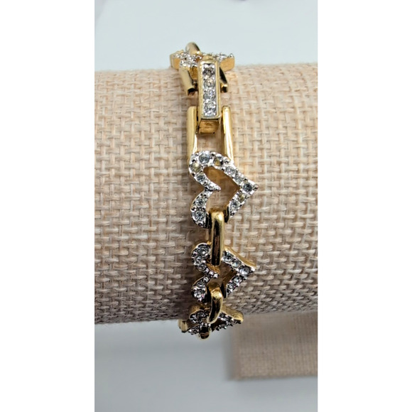 Signed Swarovski Clear Crystal Heart Link Gold Tone Vintage 8” Bracelet - Picture 1 of 8